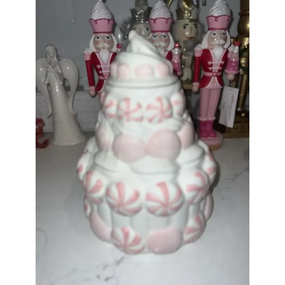PEPPERMINT & PINE Meringue Frosting Canister Cookie Jar Pink Sugar Christmas
